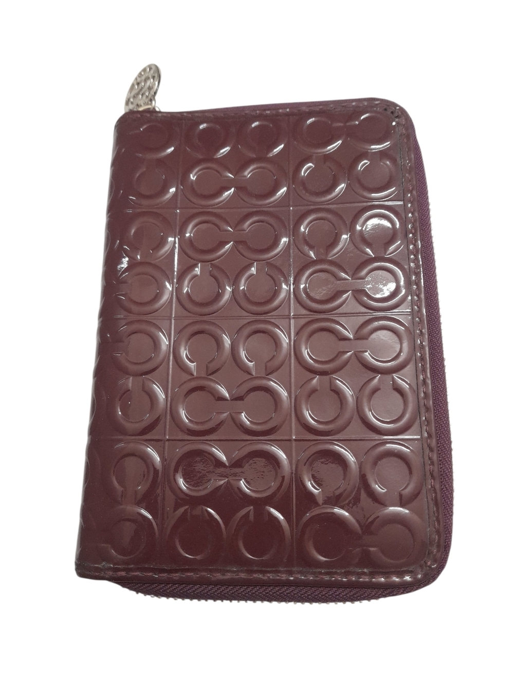 COACH Glossy Patent Leather Embossed Wallet in Deep Plum